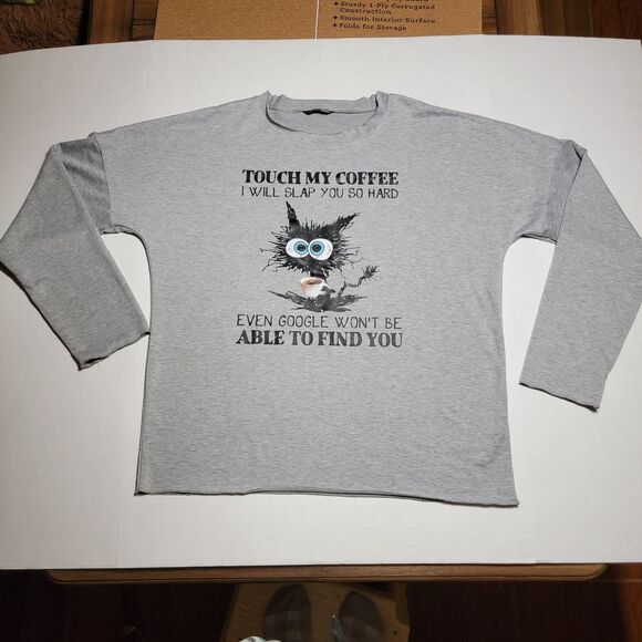 Lilicloth "Touch My Coffee..." Frizzled Cat LS Grey Tee - Size Large - Picture 2 of 4